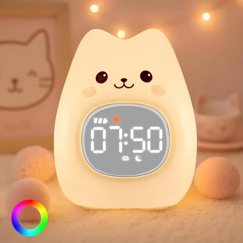 Miniatura 15 de Reloj despertador de conejo con luz nocturna para niños con entrenamiento del sueño y máquina de sonido, lámpara de silicona recargable