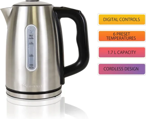 Miniatura 5 de Kenmore - Hervidor eléctrico inalámbrico de 1.7 litros con 6 preajustes de temperatura, tetera de acero inoxidable con luz LED, apagado automático