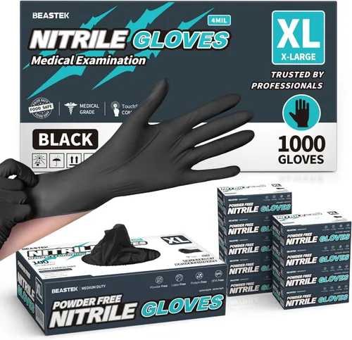 Miniatura 9 de Beastek Black Disposable Nitrile Exam Gloves 100 Pcs 4Mil Chemical Resistant Powder-Free Latex-Free Food Safe Medical Cooking 100 Negro (Large)