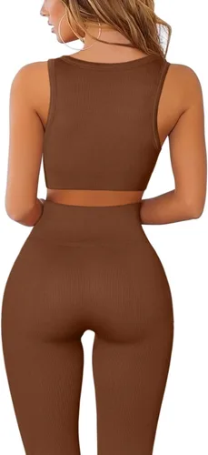 Miniatura 2 de QINSEN Conjuntos de entrenamiento para mujer, 2 piezas, acanalados, sin costuras, sin mangas, cintura alta, leggings de yoga