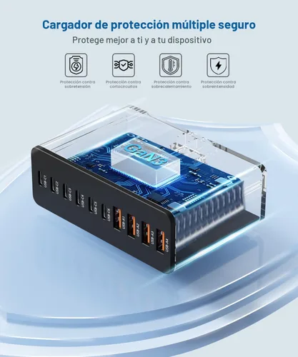Miniatura 5 de Estación de carga USB C de 10 puertos con 4 cables USB, bloque de cargador GaN tipo C de 200W, adaptador de enchufe de regleta de alimentación