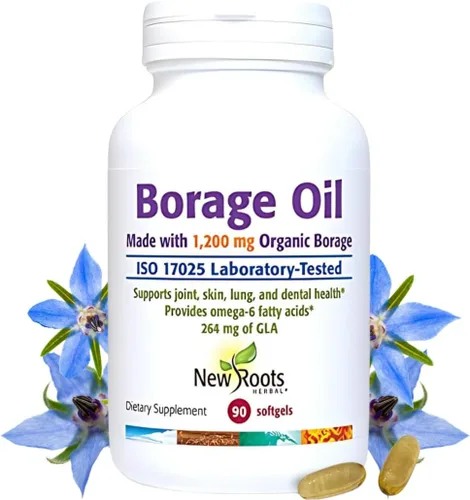 NEW ROOTS HERBAL Suplemento de aceite de borraja 1200 mg | Aceite de semilla de borraja orgánico prensado en frío (90 cápsulas blandas), suplemento