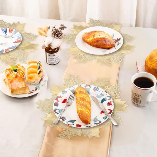 Miniatura 4 de Juego de 8 manteles individuales de Navidad, manteles individuales redondos de flores doradas de vinilo para mesa de cocina, comedor, decoración