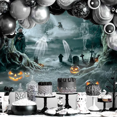 Miniatura 4 de MEHOFOND Telón de fondo de calabaza de Halloween de 7 x 5 pies para fotografía, bosque de terror, luna llena, noche de cementerio, fondo
