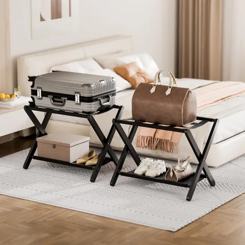 Miniatura 2 de HITNET Portaequipajes para habitación de invitados, soporte de maleta plegable, soporte de equipaje de hotel de bambú con estante de almacenamiento