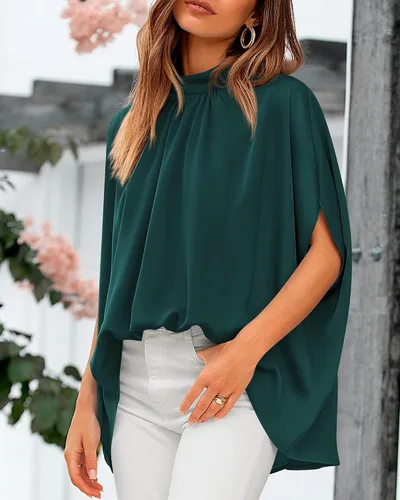 Miniatura 42 de BTFBM Blusas de verano para mujer, cuello alto falso, manga murciélago, holgadas, dobladillo alto y bajo, blusas informales de gran