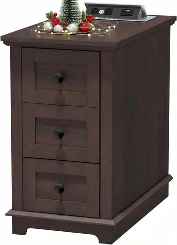Miniatura 13 de HIFYOBRO - Mesa auxiliar con 3 cajones y estación de carga con tapa abatible, mesa auxiliar con almacenamiento, mesita de noche estrecha de madera