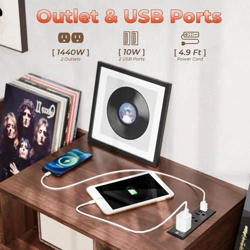 Miniatura 4 de Loomie Soporte grande para tocadiscos negro con toma de corriente y luz LED, gabinete de almacenamiento de discos de vinilo de hasta 350 álbumes