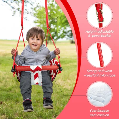 Miniatura 5 de Columpio para niños pequeños – Cómodo columpio para bebé, interior y exterior, asiento de columpio para niños, arnés de seguridad, sistema de Rojo