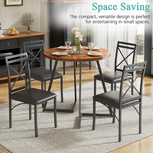 Miniatura 5 de VECELO Mesa de comedor redonda de 35 pulgadas para 4, tapa de mesa de grano de madera y marco de acero resistente, para cocina, sala de estar, fácil
