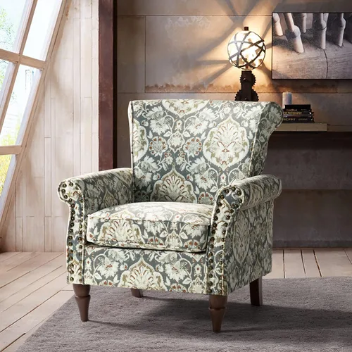 Miniatura 21 de HULALA HOME Silla moderna con respaldo de alas con patas de madera y cojín extraíble, cómodo sillón tapizado con ribete de cabeza de clavo, sofá