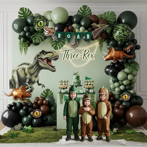 Miniatura 4 de Decoraciones de Fiesta de Cumpleaños de Dinosaurio kit de arco de globos verde cazador negro marrón con mini globos de papel de aluminio de dino