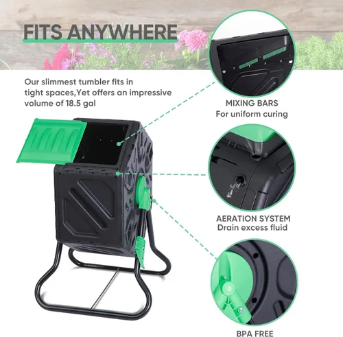 Miniatura 6 de Contenedor de compostaje giratorio con puertas correderas, contenedor de compostaje de una sola cámara, resistente para jardinería al aire libre