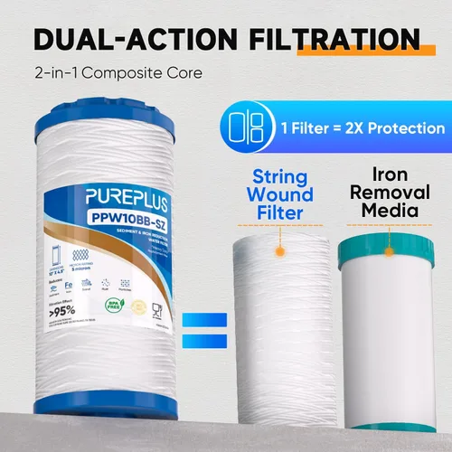 Miniatura 7 de PUREPLUS Compuesto de filtro de sedimentos para heridas de cuerda de 10 x 4.5 pulgadas con filtro reductor de hierro, compatible con sistema
