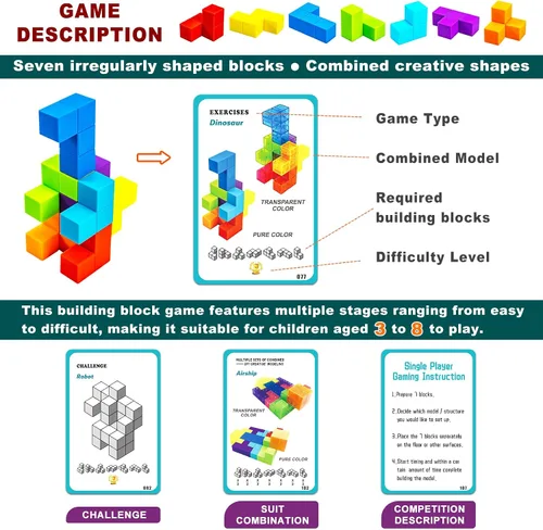 Miniatura 5 de Bloques de construcción magnéticos, cubos magnéticos 3D para rompecabezas, juego de 7 bloques magnéticos de múltiples formas con 54 tarjetas guía