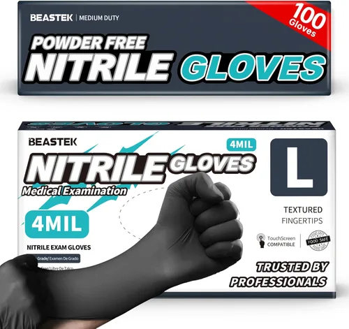 Beastek Black Disposable Nitrile Exam Gloves 100 Pcs 4Mil Chemical Resistant Powder-Free Latex-Free Food Safe Medical Cooking