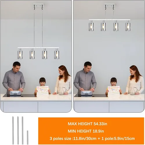 Miniatura 4 de Iluminación de isla de cocina de 4 luces, lámpara cromada para comedor, luz de isla para colgar sobre la mesa para candelabros lineales de granja