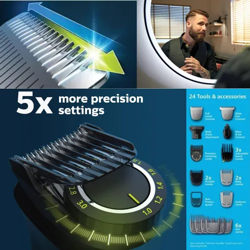 Miniatura 7 de Philips Multigroom Series 9000 Recortadora 24 en 1 para Barba, Cabello y Cuerpo Kit de Aseo Peine de Recorte de Precisión, Cuchillas de Acero