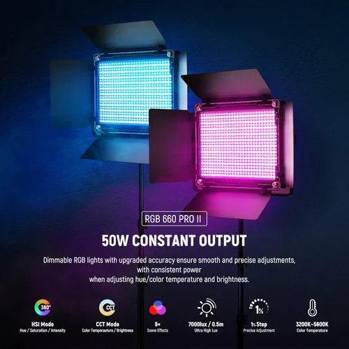 Miniatura 2 de NEEWER Luz de video LED RGB 660 PRO II mejorada con control de aplicación y kit de soporte de trípode, 2 paquetes de 50 W/1% de atenuación
