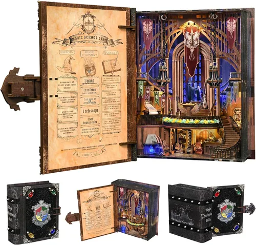 Miniatura 12 de MiniCity Kit de rincón de libros, kit de bricolaje en miniatura para casa de muñecas, rompecabezas de madera 3D, decoración con luz LED