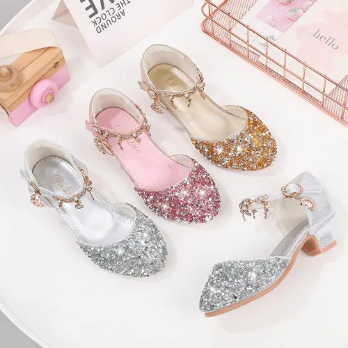 Miniatura 6 de ChuLian Sandalias para niñas con purpurina para niños, zapatos de vestir de tacón bajo con lentejuelas, sandalias de princesa para niñas pequeñas