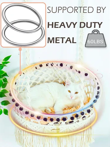 Miniatura 2 de KARCEEY Hamaca de macramé para gatos, cama colgante para pared y ventana, columpio bohemio con kit completo de herramientas y juguete de pezón