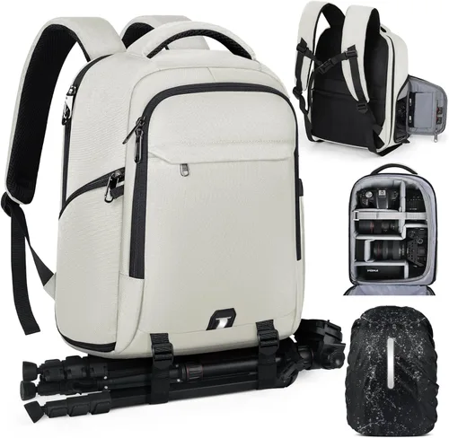 Miniatura 10 de RAINSMORE Mochila para cámara para fotógrafos DSLR SLR SLR sin espejo con cubierta impermeable para lluvia y compartimento para laptop, se adapta a