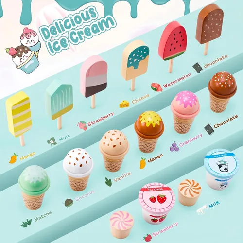 Miniatura 5 de WHOHOLL Juego de simulación de helado de madera para niñas, juguete de tienda de juego con alimentos de juguete y accesorios de cocina de simulación