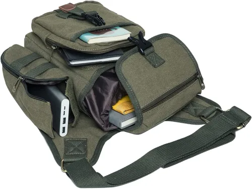 Miniatura 9 de Bolso de mensajero de lona vintage para hombre, bolso de mensajero de retazos de cuero en el pecho 3-4-verde militar