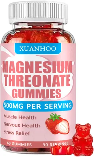Gomitas de treonato de magnesio, suplemento de magnesio, sabor a fresa, 60gomitas, 250 mg de magnesio por gomita, salud muscular y nerviosa, alivio