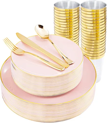 Miniatura 12 de LIYH - Juego de vajilla de plástico desechable de 180 piezas, color blanco y dorado, cubiertos de plástico dorados, platos desechables resistentes