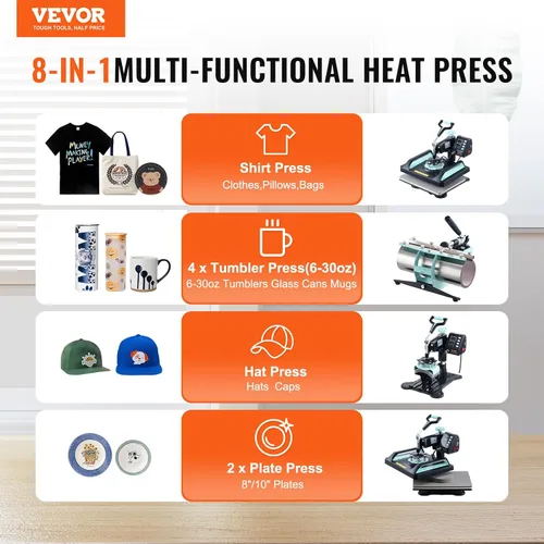 Miniatura 5 de VEVOR Máquina de Prensa de Calor 8 en 1 para Camisetas, Sombreros, Tazas, Platos - Máquina de Prensa de Camisas Abatible de 12x15 con Prensa