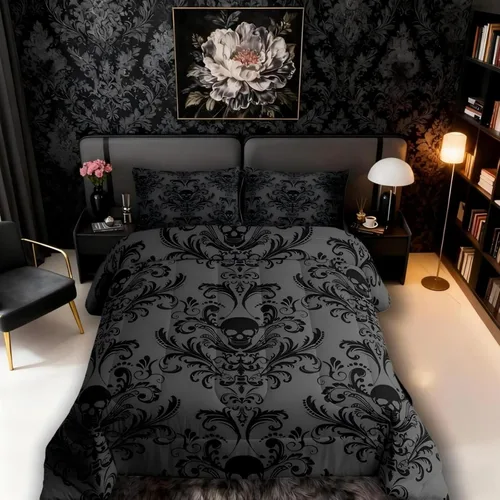 Miniatura 5 de Erosebridal - Juego de ropa de cama damascada negra para adultos, conjunto de edredón victoriano antiguo estilo barroco, tamaño queen, edredón Multi