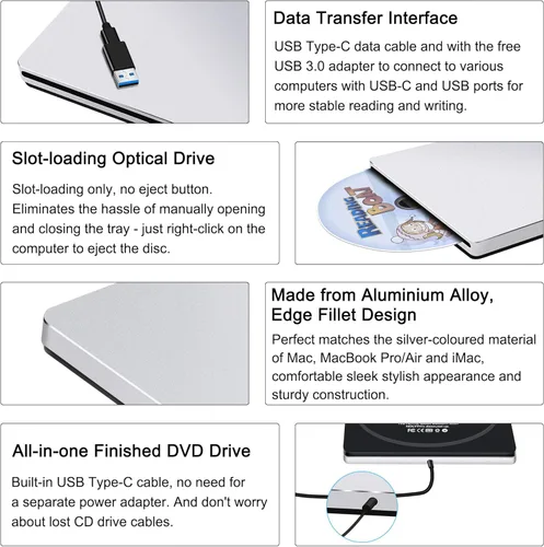 Miniatura 3 de USB C SuperDrive para Mac: Unidad externa de CD/DVD para portátil MacBook Apple Ranura Grabadora de CD Reproductor de DVD Plug and Play para PC