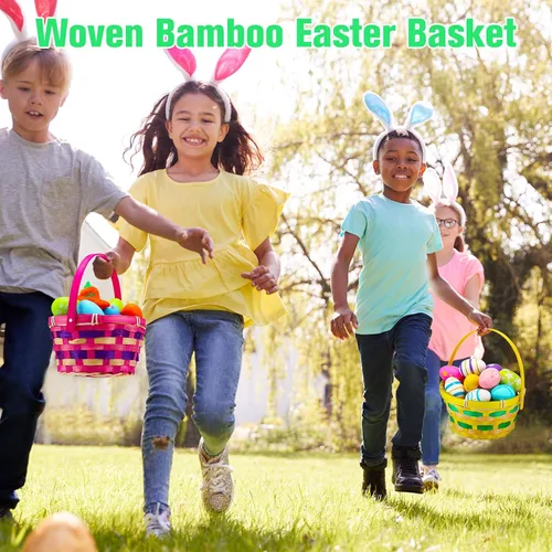 Miniatura 7 de Weysat Juego de 12 cestas de Pascua de bambú a granel, con asa redonda tejida transparente, bolsa de envoltura, lazo de conejo, papel de vidrio