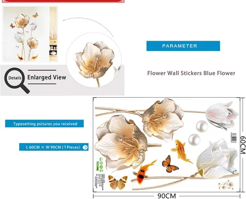 Miniatura 6 de Calcomanías de pared florales de flor de loto, calcomanías de pared de tulipán para sala de estar, decoración de pared extraíble para el hogar