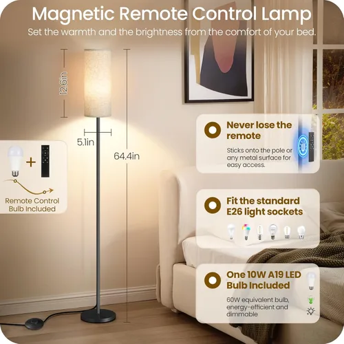 Miniatura 2 de Lámpara de pie regulable de 64.4 pulgadas para sala de estar con control remoto e interruptor de pie, moderna lámpara de pie alta, lámpara de pie
