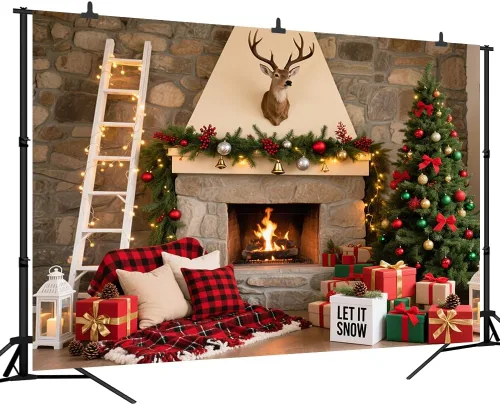 Miniatura 6 de Fondo de chimenea de Navidad de 7 x 5 pies, hogar rústico con guirnalda de fondo para decoración de fiestas temáticas de Navidad, vinilo 5-Consulta