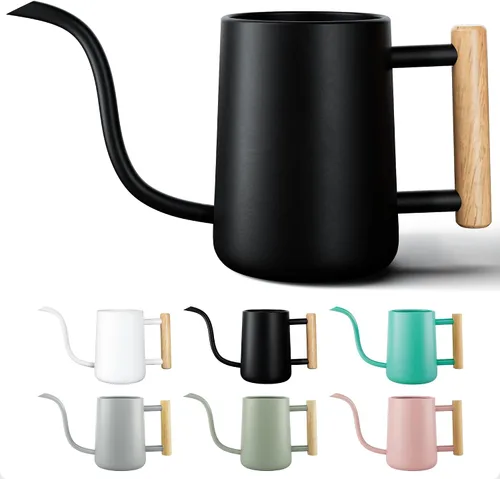 Regadera de metal de 35 onzas, pequeña para interior, con boquilla larga y mango de madera real para plantas de casa, suculentas, cactus y plántulas