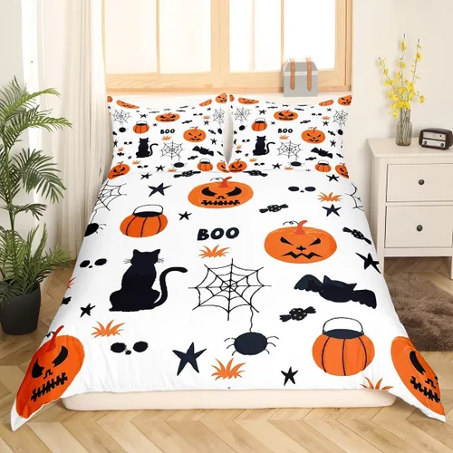 Miniatura 20 de Feelyou Funda de edredón de Halloween, tamaño individual, con 1 funda de almohada, decoración de Halloween, juego de ropa de cama con estampado