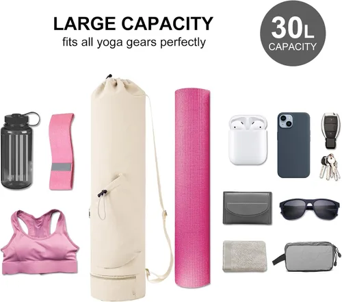Miniatura 3 de sportsnew Bolsa para esterilla de yoga con bolsillo para botella de agua y bolsillo inferior para artículos mojados, bolsa de transporte para Beige
