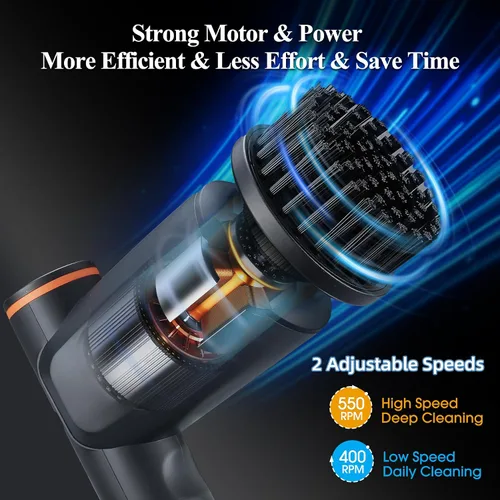 Miniatura 2 de Limpiador eléctrico giratorio, limpiador de ducha de baño con pantalla LCD, limpiador eléctrico de 2 velocidades para limpieza con 6 cabezales