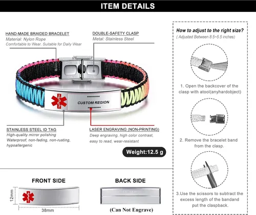 Miniatura 5 de JF.JEWELRY Pulsera de alerta médica para mujeres T1D T2D Pulsera de identificación de alerta médica para diabetes y epilepsia para niñas y niños