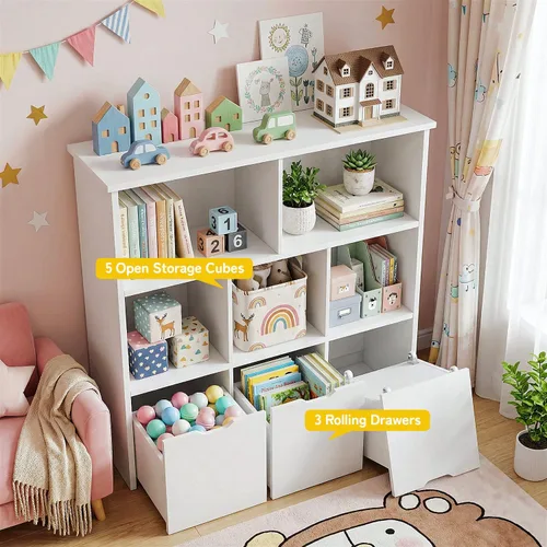 Miniatura 10 de Teckid Organizador de almacenamiento de juguetes con 3 cajones móviles y 5 cubos abiertos, estantería para niños y armario de almacenamiento