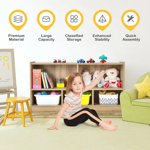 Miniatura 7 de HONEY JOY Organizador de almacenamiento de juguetes para niños, estante de almacenamiento de 5 secciones para preescolar, 2 niveles de madera Natural