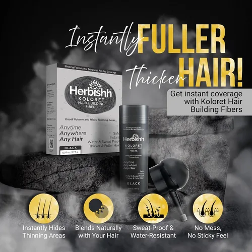 Miniatura 2 de Herbishh Koloret Fibras de construcción del cabello, polvo negro para adelgazar el cabello, cobertura instantánea de puntos calvos y corrector