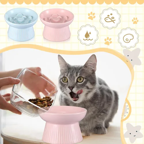 Miniatura 4 de Layhit Paquete de 2 cuencos elevados de alimentación lenta para gatos, cuencos elevados de cerámica para comida para gatos, anti vómitos, comedero