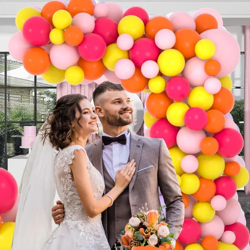 Miniatura 3 de Kit de arco de guirnalda de globos rosa y naranja, 137 globos rosa rojo claro, naranja y amarillo para cumpleaños, boda, baby shower, aniversario