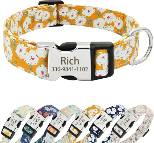 Miniatura 6 de Collares de perro florales personalizados con nombre, collares suaves personalizados con hebilla grabada para perros pequeños, medianos y grandes