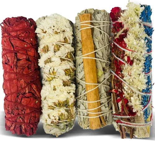 Miniatura 9 de Kit de inicio de salvia de Bholi Sage Plus para la limpieza de energía negativa. Paquete variado de 4 que incluye salvia blanca, negra, azul y roja